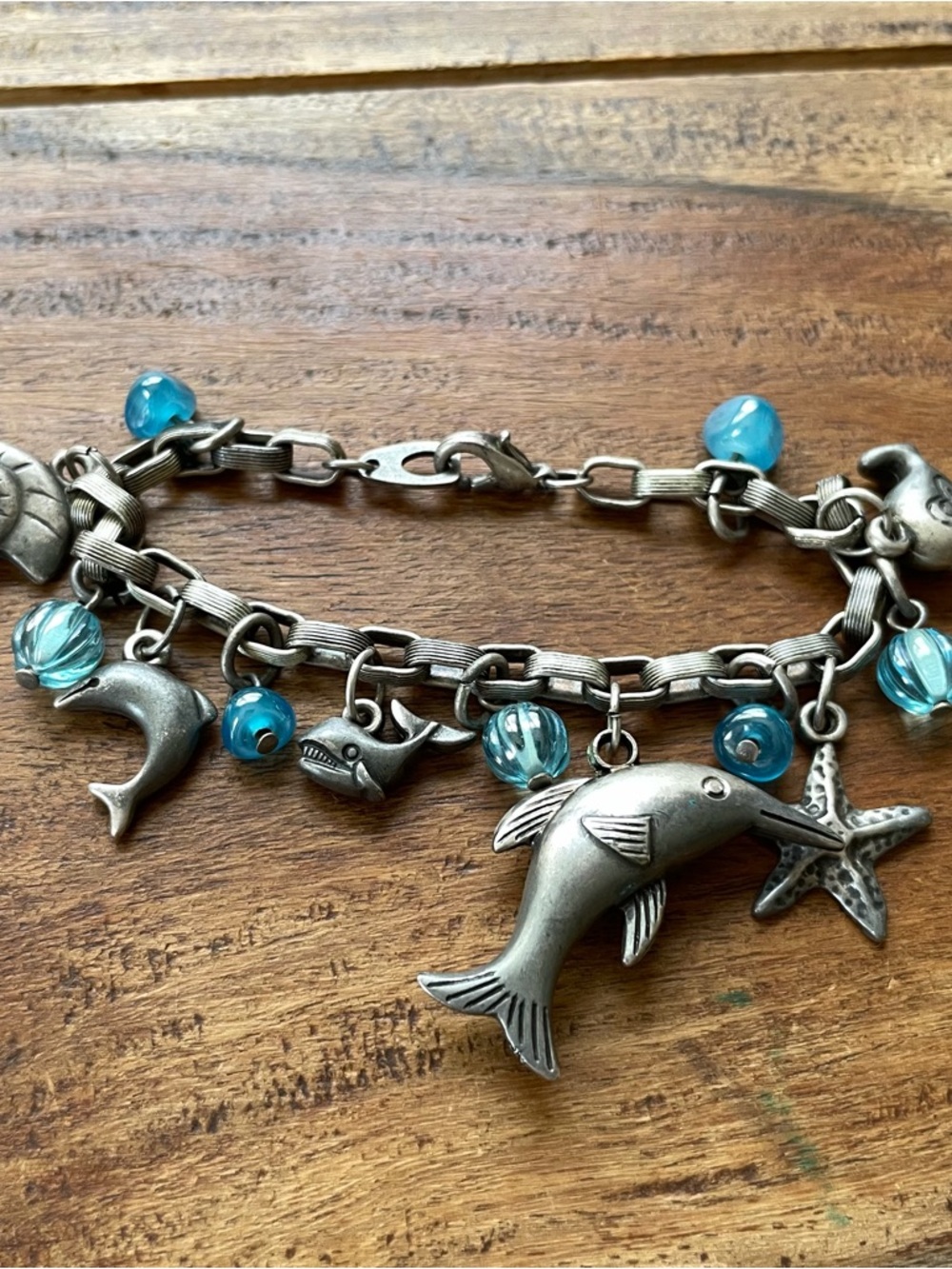 Vintage 90s Ocean Theme Charm Bracelet Silver Tone with Blue Beads